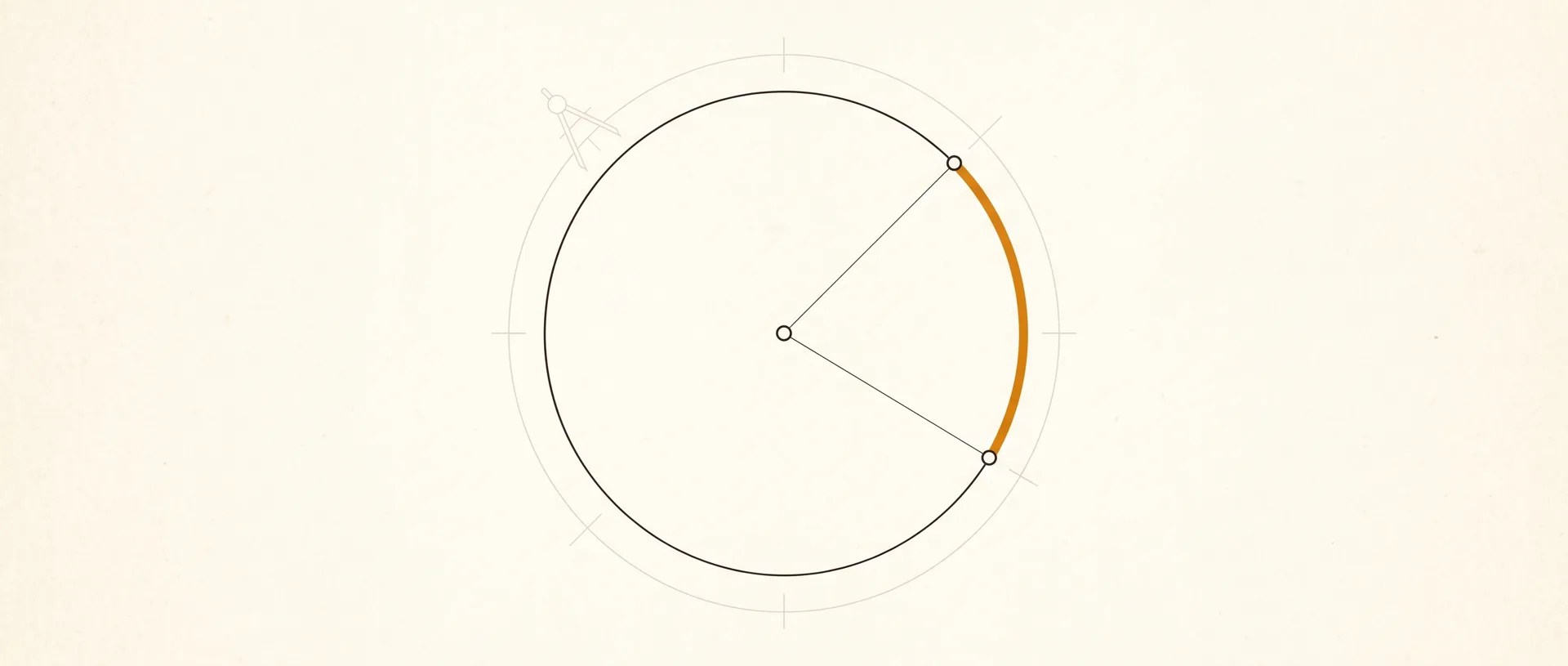Geometric illustration: a circle with two radii and the arc between them drawn amber and equal in length to the radius — a radian, with a faint compass