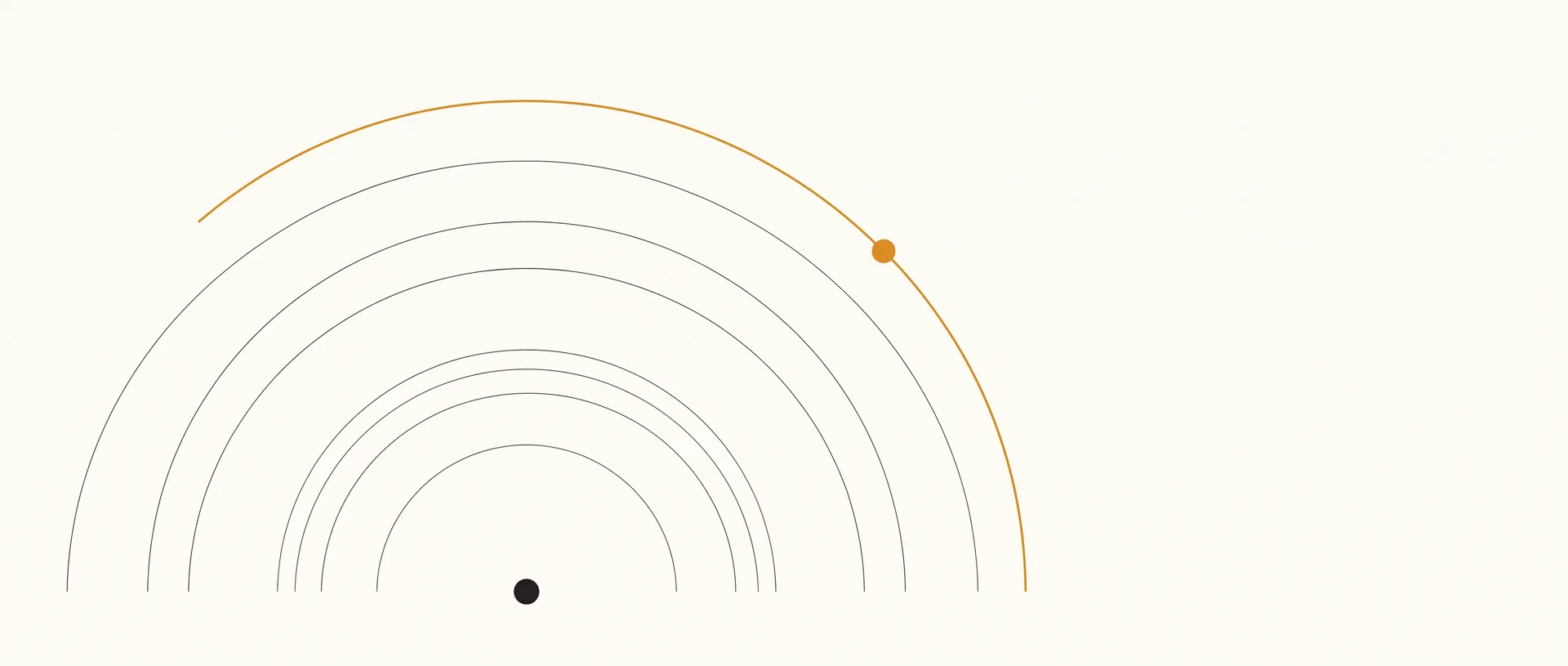 Geometric illustration: hairline arcs radiating outward from a single ink dot, the outermost in amber with an amber endpoint dot