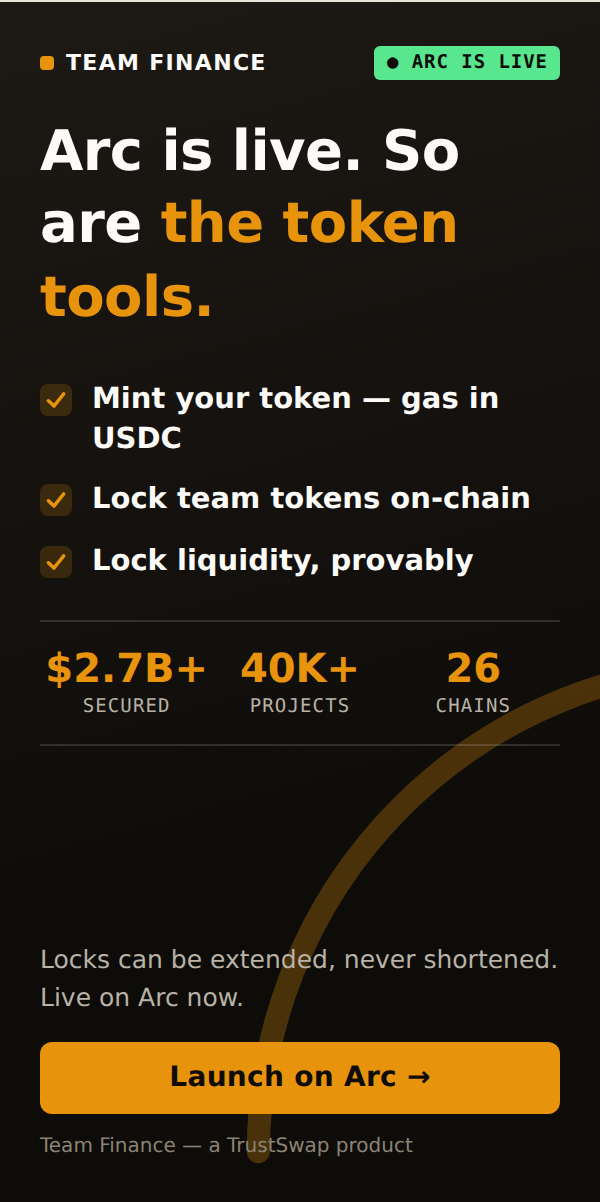 Team Finance — token minting and liquidity locking on Arc
