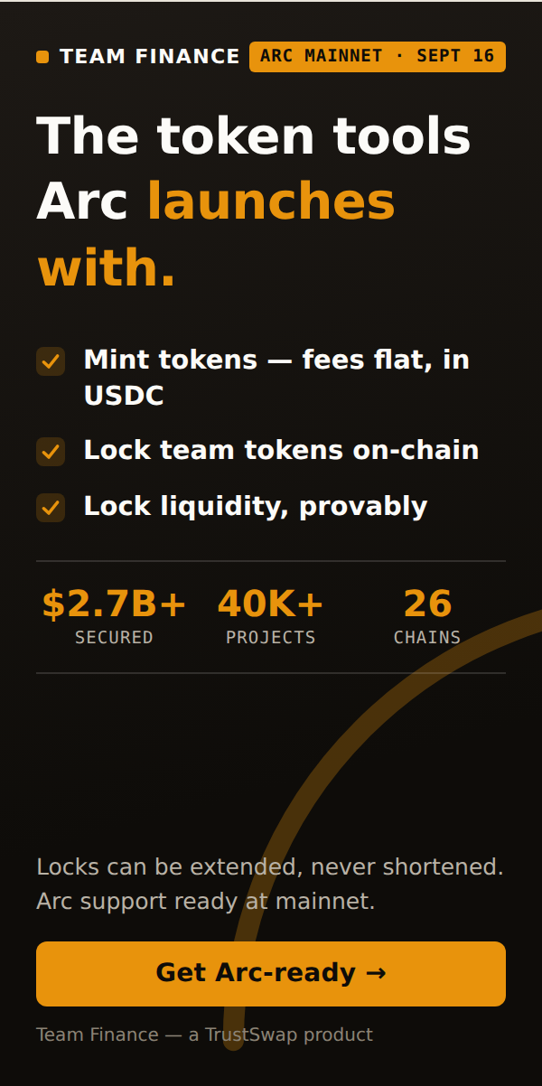 Team Finance — token minting and liquidity locking on Arc