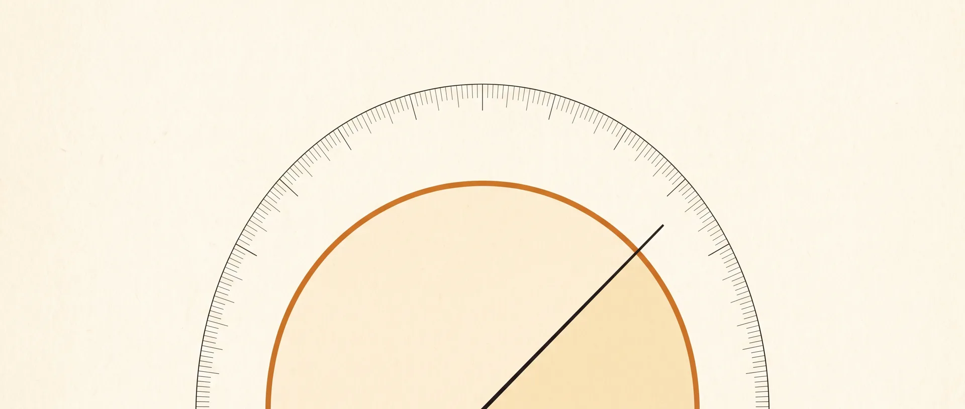 Geometric illustration: an instrument gauge with fine tick marks, an ink needle and a measured amber angle